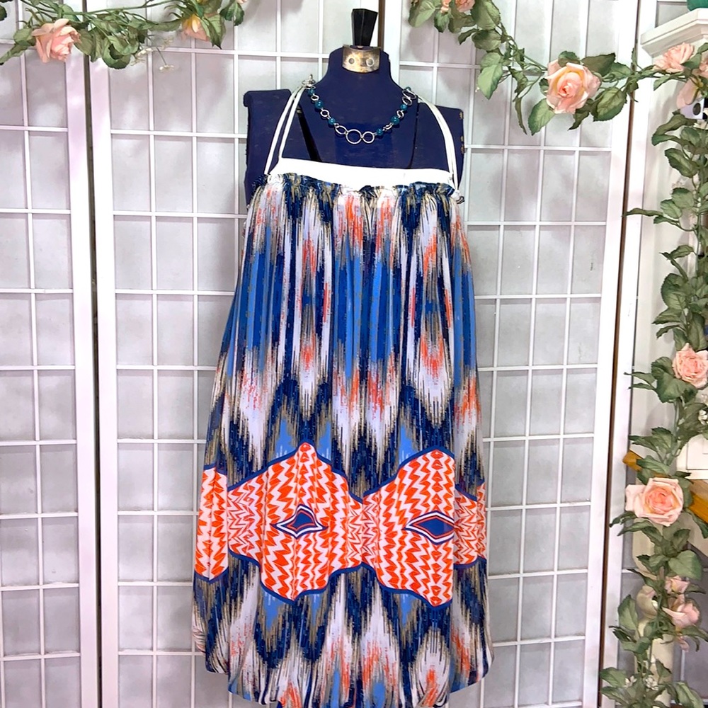 MM Couture Blue Orange Chiffon Geometric Print Spaghetti Strap Dress Meduim